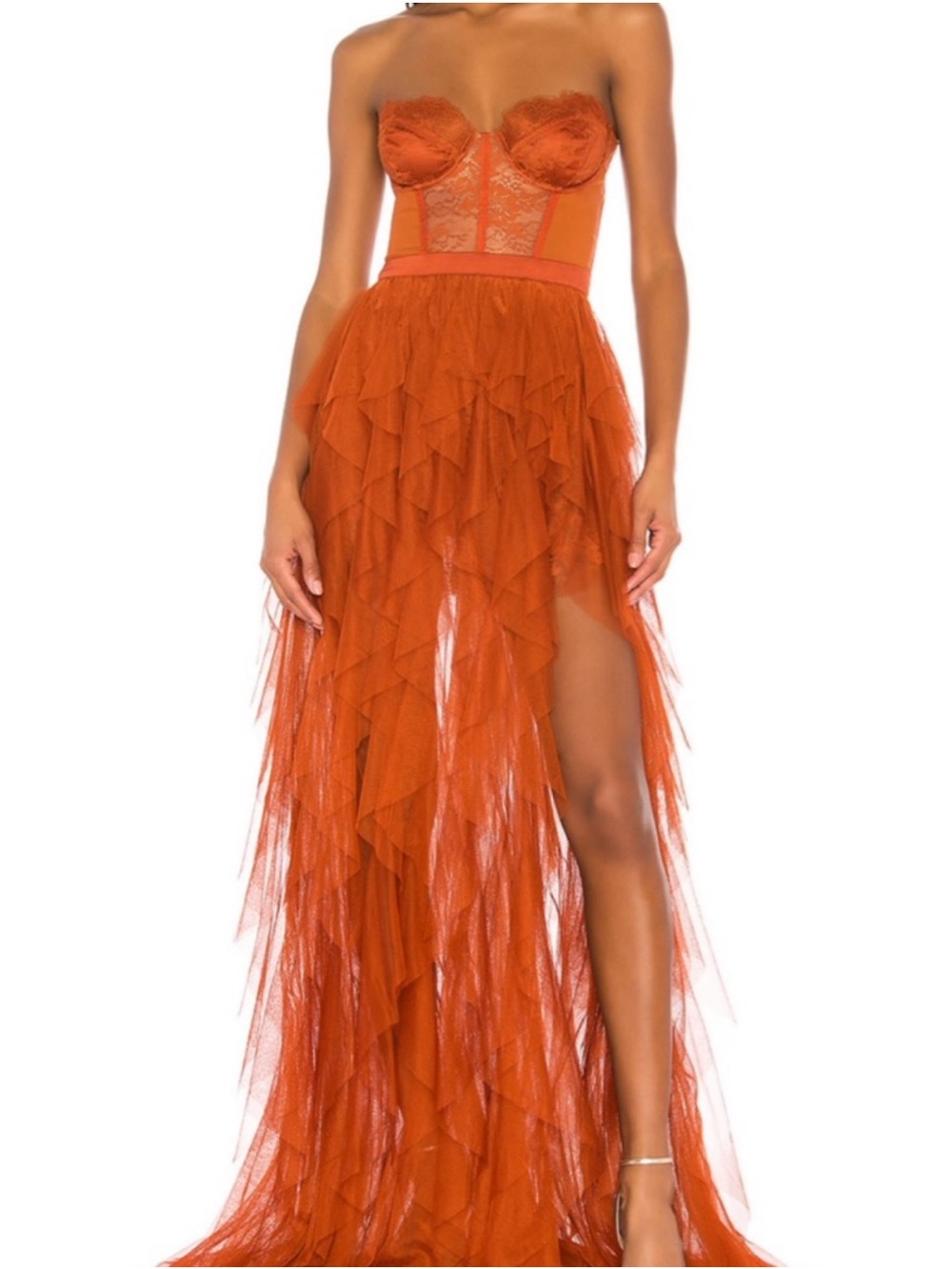 For Love & Lemons Strapless Ruffled Tulle Maxi Dress in Rust Orange